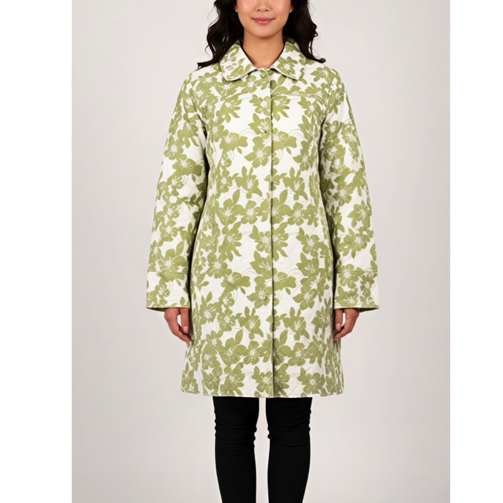 EDDIE BAUER Green Half Trench Coat Green Floral Jacket Buttoned Cotton Size XS